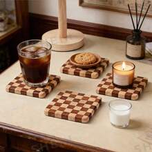 1PC/2PCS/3PCS/4PCS Solid Wood Checkerboard Coffee Cup Coasters, Creative Square Coasters Antibacterial Anti-Mold Heat-Resistant Home Tea Tray Cake Tray, Tea Cup Coaster Small Tray Suitable For Home, Office, Tea Room Use - Multicolor - View 4
