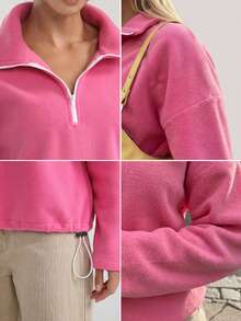 Half Zip Sherpa Pullover Drawstring Hem Cozy Athleisure Outdoor Casual Daily Fall Winter Outfits - Pink - View 2