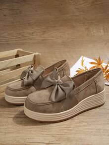 Women's New Bow Velvet Thick Sole Comfortable Height-Increasing Wedge Shoes Beach Home - Khaki - View 6