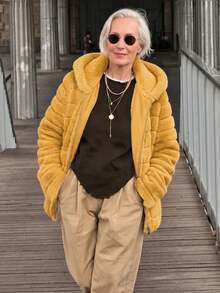 Women's Faux Fur Hooded Pocket Coat - Perfect Choice For Autumn/Winter - Yellow - View 9