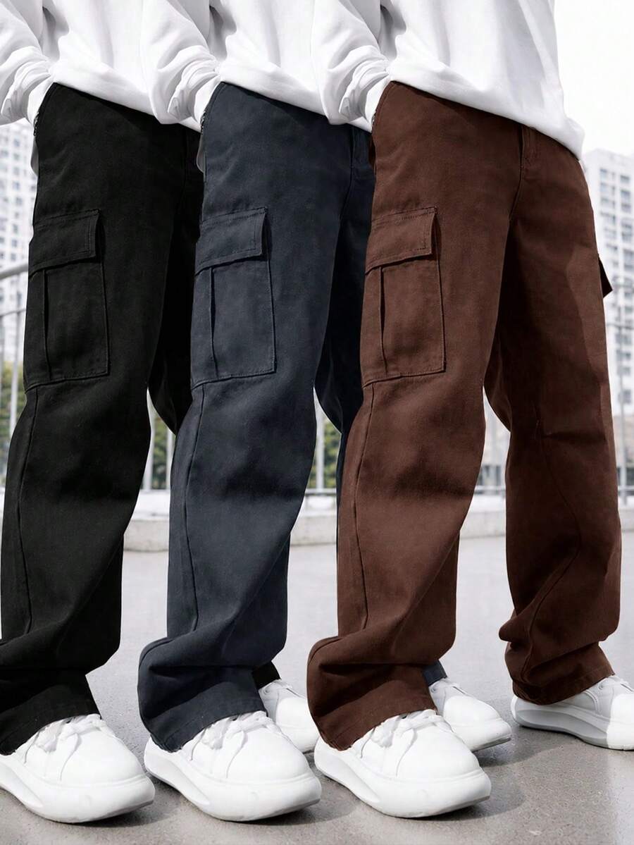 3pcs Tween Boys' Fashionable Solid Color Casual Loose Straight Leg Cargo Pants With Big Pockets, Suitable For Outdoor Sports, Autumn/Winter - Multicolor - View 1