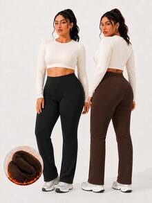 Plus Size Women's Solid Color Fleece Lined Casual Sports Long Pants - Black - View 5