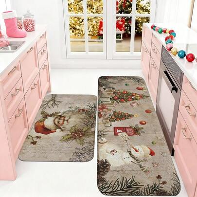 1/2/3pcs Christmas Theme Kitchen Rug, Flannel Kitchen Mat, Soft Comfortable Absorbent Non-Slip Machine Washable With Anti-Slip Backing, Suitable For Multiple Scenes: Entrance, Living Room, Bedroom, Kitchen, Dining Room, Bathroom, Laundry Room, Hallway, Christmas Holiday Home Decor