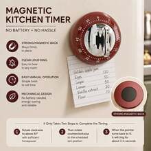 Mechanical Kitchen Timer 60 Minutes, Battery-Free Magnetic Timer, Vintage Wind-Up Alarm Clock Fridge Magnet, Cooking Baking Countdown Reminder, Durable Practical Kitchen Tool, Kitchen Gift - Multicolor - View 3