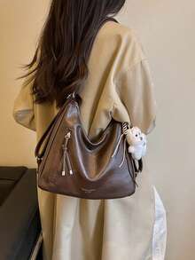 Maillard復古啞光紋理大容量時尚百搭單肩包 高端沙灘包托特手提購物包 小眾質感通勤包 拉鍊雙肩帶斜挎包 - 咖啡 - 查看 8