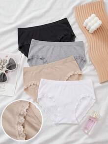4pcs Girls Casual Seamless Panties, Mid-Waist Heart-Shaped Lace Trim Soft Underwear, Suitable For All Seasons - Multicolor - View 2