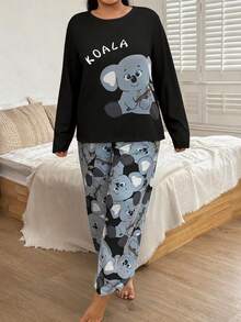 Women's Plus Size Pajama Set, Star Print, Long Sleeve Long Pants Loungewear Set, Plus Size Loose Comfortable Casual, Autumn/Winter Clothing - Black - View 4