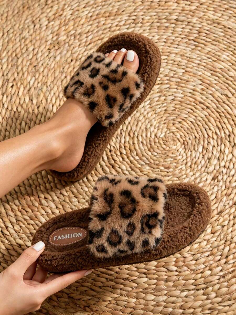 Women Leopard Print Fluffy Slide Slippers Soft Plush Non‑Slip Indoor House Slippers - Brown - View 1