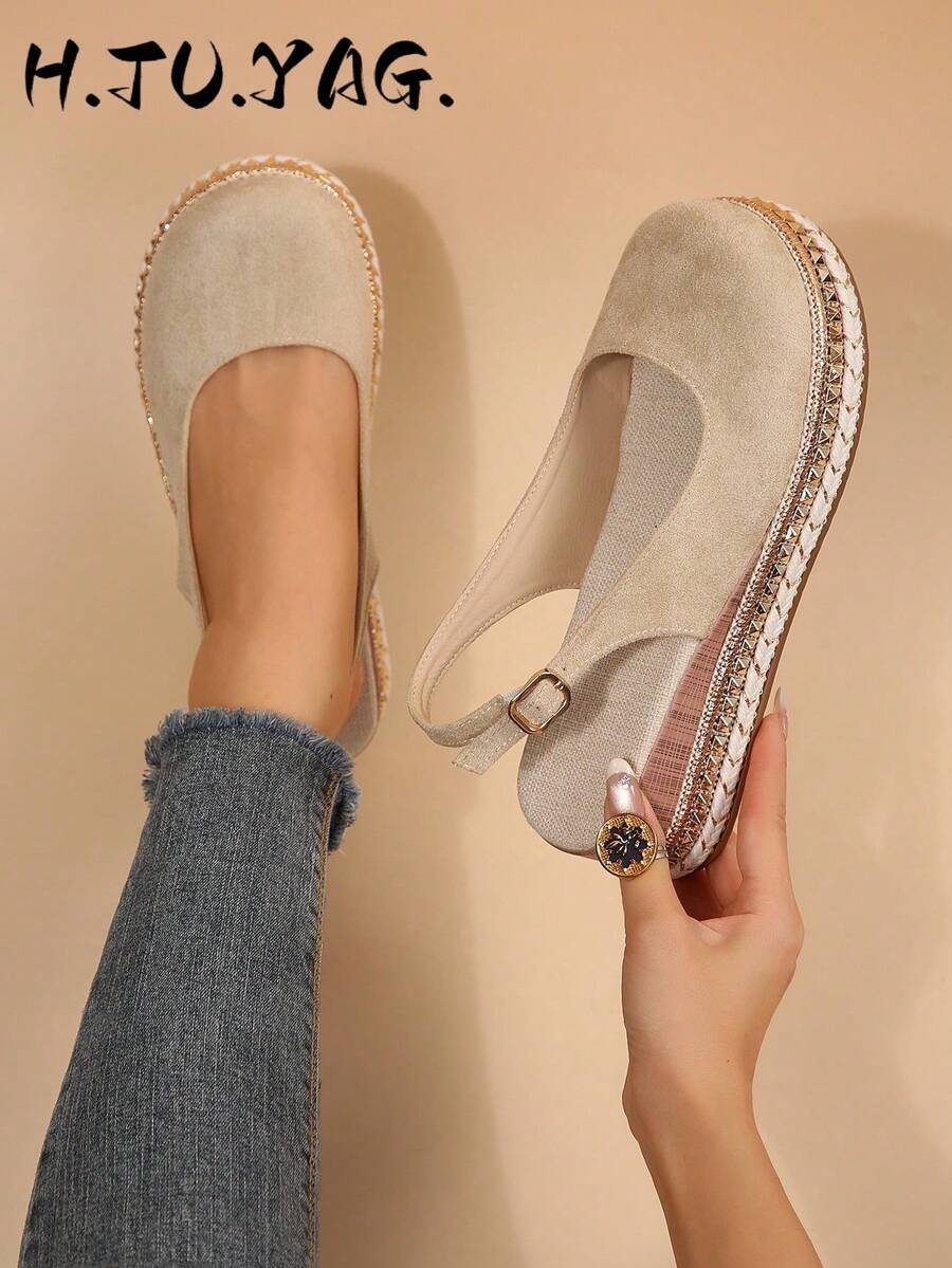 Bohemian Woven Closed-Toe Sandals For Women, Vintage Rivet Rope Thick Sole Back Buckle Casual Beach Shoes