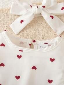 Autumn/Winter Baby Girl Cute Red Heart Print Flutter Sleeve Lace Trim Bodysuit & Bow Socks & Matching Headband - White - View 8