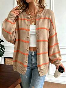 Plus Size Women's Colorblock Striped Knit Cardigan, Round Neck Button-Up Loose Chunky Knit Sweater - Khaki - View 6