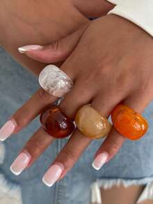 4pcs Color Dyeing Ice Transparent Resin Ring, Niche, Stacked Arc-Shaped Wide Face Ring Ring - Multicolor - View 1