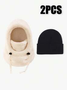 2pcs Winter Fleece Balaclava Set, Warm & Cold-Proof Hooded Scarf Mask With Knitted Beanie, Suitable For Skiing, Cycling And Outdoor Activities - Balaclava + Beanie - View 9