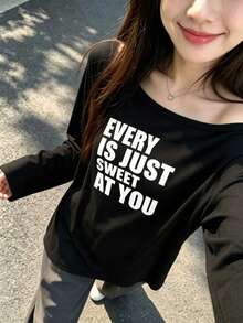 Women's Black Polyester Long Sleeve Cold Shoulder T-Shirt, Printed Slogan Graphic, High Elasticity Regular Hem Top, Casual Style - Black - View 2