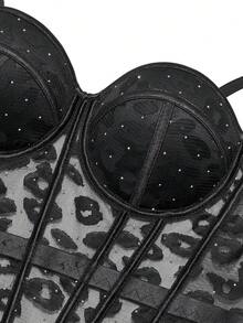 Fashion Fantasy Lace Corset Mesh Bustier Shining Rhinestones Crop Top Sexy Camisole Daily Outfit Black Summer Party Festival Top - Black - View 2