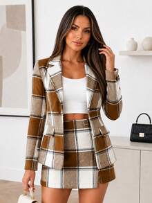 ChicMe Women's 2-Piece Plaid Suit Set, Lapel Jacket With Skort, Vintage Casual Business Commute Outfit - Coffee Brown - View 7
