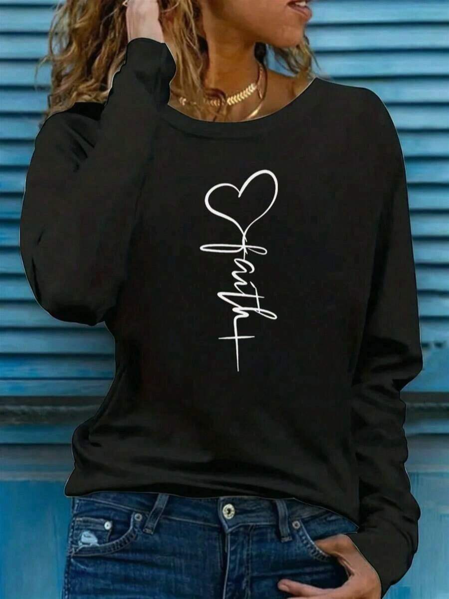 Ladies Long Sleeve Loose Crew Neck Top, Elegant Solid Color Polyester Knit T-Shirt, Autumn And Winter Fashion, Love Design Suitable For Women Casual B - Black - View 1