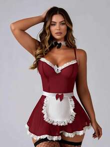 3pcs Sexy Maid Costume, Lace Patchwork Nightgown, Maid Apron And Thong - Burgundy - View 2