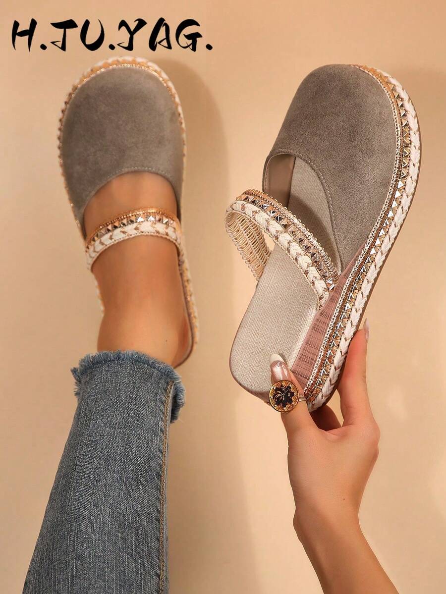 Bohemian Metallic Closed-Toe Half-Slip Women's Shoes, Rope Woven Rhinestone Embellished Thick Sole Slouchy Outdoor Mule Sandals Beach Shoes