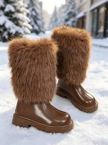 1 Pair Girls' Tall Snow Boots, Soft PU + Plush Warm Lining, Back Zipper ...