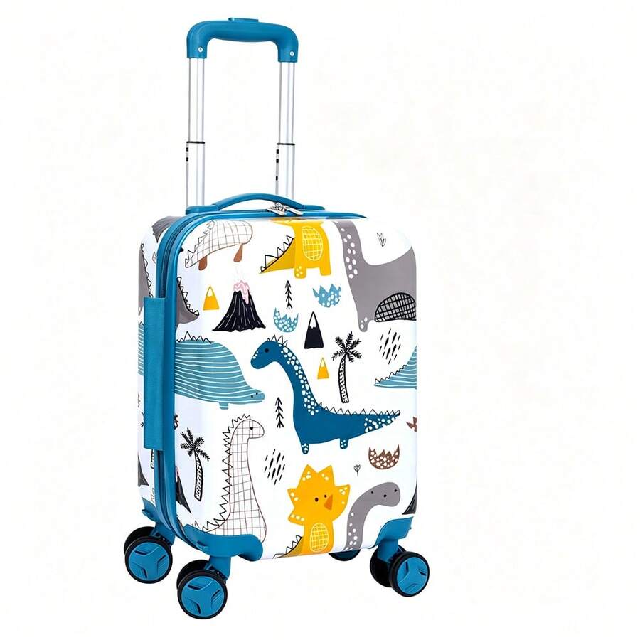 Cute Cartoon Dinosaur Volcano Jungle Print Kids Hard Shell Luggage, Spinner Wheels Trolley Suitcase, Kids Carry-On Travel Bag, Suitable For Vacation Use - White - View 1