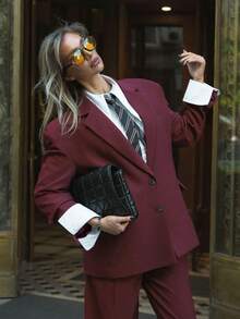 Women's Elegant Burgundy Suit Set With Lining, Collar And Blazer Sleeves, Contrast Trim, Non-Stretch Fabric, Professional Style - Ankara Red - View 10