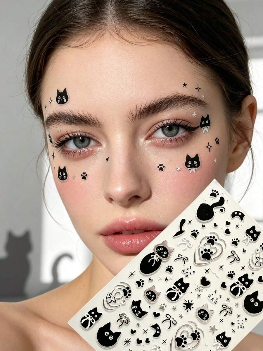 Black & Silver Cat Themed Face Decoration Stickers With Tweezers, Diverse Silhouette Pattern Decals, Clean Lines With Textured Finish, Suitable For Party Makeup, Stage Face Decoration, Music Festival And Other Face Decor - Multicolor - View 1