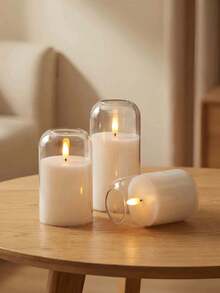Flameless LED Pillar Candles With Remote Control And Timer, 3-Pack Transparent Battery Operated Candles, Classic Elegant Home Decor, Realistic 3D Flickering Wick, Suitable For Wedding, Christmas Fireplace Mantel, Shelves, White - White - View 1