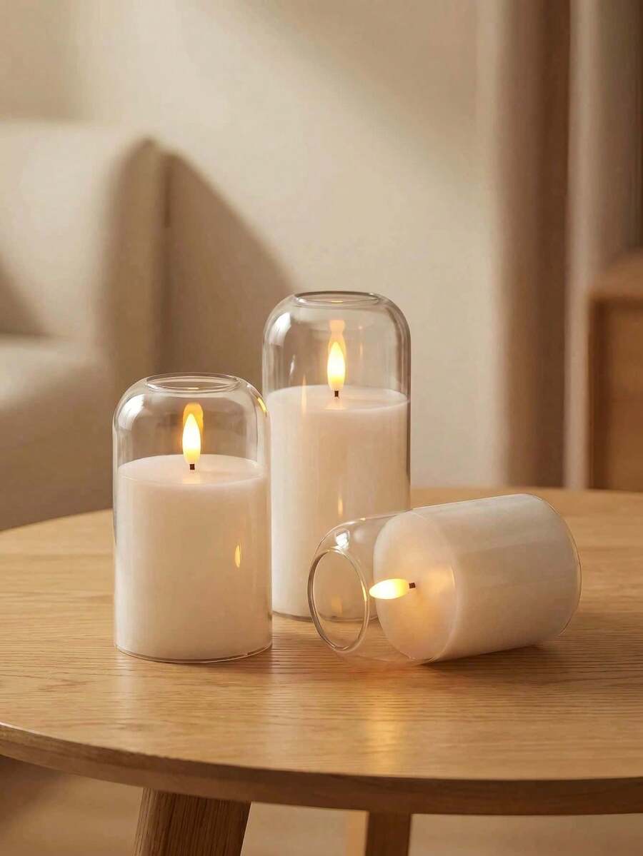 Flameless LED Pillar Candles With Remote Control And Timer, 3-Pack Transparent Battery Operated Candles, Classic Elegant Home Decor, Realistic 3D Flickering Wick, Suitable For Wedding, Christmas Fireplace Mantel, Shelves, White - White - View 1