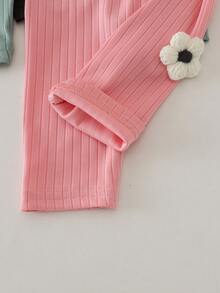3pcs/Set Baby Girl Cute Comfortable 3D Floral Solid Color Ribbed Leggings Thin Spring/Autumn Casual Everyday - Multicolor - View 6