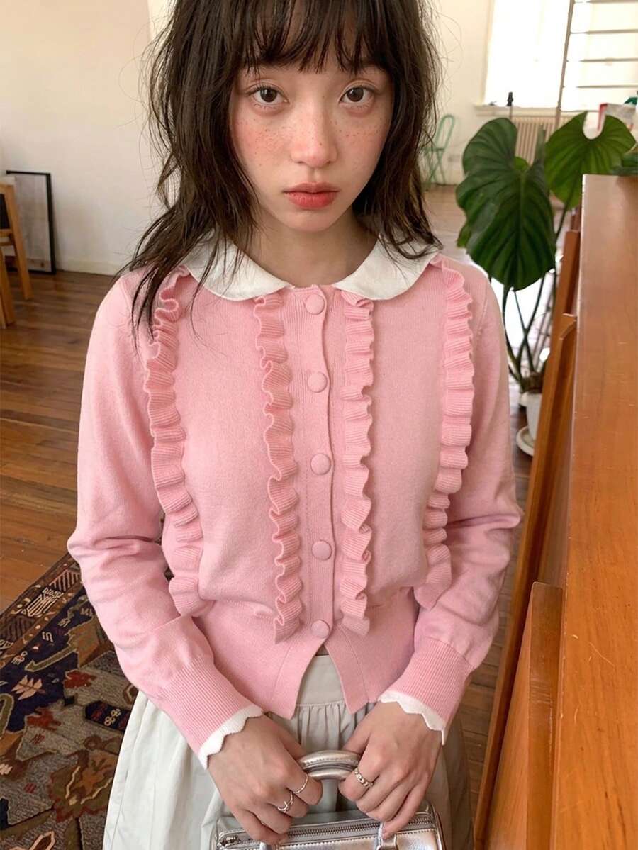 Pink Peter Pan Collar Wool Blend Knit Cardigan, Women's Autumn/Winter Niche Design Short Sweater Jacket - Pink - View 1