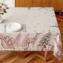 1pc Pink Reindeer Christmas Tablecloth, Pink Christmas Tree Reindeer Sleigh Gift Print Pattern, Polyester Material Single-Sided Print, Suitable For Tabletop, Washable And Reusable, Suitable For Indoor, Outdoor, Yard, Wedding, Banquet, Party, Outdoor Dining, Suitable For Craft Exhibition, Banquet Event Decoration - Multicolor - View 8