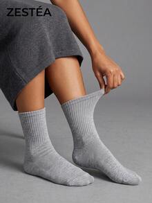 5 Pairs Unisex Light Gray Solid Color Elastic Ribbed Breathable Minimalist Mid-Calf Socks For Daily Wear - Multicolor - View 3