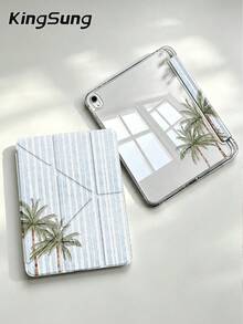 Kingsung Coconut Tree & Stripes Pattern Y-Shaped Folding Acrylic Tablet Case Compatible With Samsung Tablets/Pad Mini6/7/9.7/10.2/10.5/10.9/12.9/Pro 11, 10th Generation, Protective Cover Supports Multi-Angle Adjustment, Six Ways To Place The Bracket, Built-In Pen Slot, Anti-Drop Protection, Automatic Wake/Sleep.Compatible With Kindle Paperwhite 12th Gen 2024,Kindle 11th Gen 2022,Clara Colour. - Multicolor - View 2