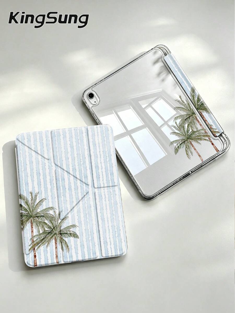 Kingsung Coconut Tree & Stripes Pattern Y-Shaped Folding Acrylic Tablet Case Compatible With Samsung Tablets/Pad Mini6/7/9.7/10.2/10.5/10.9/12.9/Pro 11, 10th Generation, Protective Cover Supports Multi-Angle Adjustment, Six Ways To Place The Bracket, Built-In Pen Slot, Anti-Drop Protection, Automatic Wake/Sleep.Compatible With Kindle Paperwhite 12th Gen 2024,Kindle 11th Gen 2022,Clara Colour.