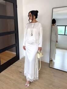 Women's White Non-Stretchy Two Pieces Outfits Sleeve Lace Trim Maxi Set For Daily Lounge Wear - White - View 4