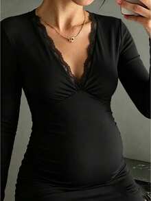 Parara Elegant Maternity Long Sleeve Maxi Dress V-Neck Elastic Slim Fit Cover-Up Suitable For Photos - Black - View 3