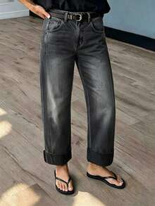 New Women's Fashion Washed Straight Leg Jeans - Dark Grey - View 1