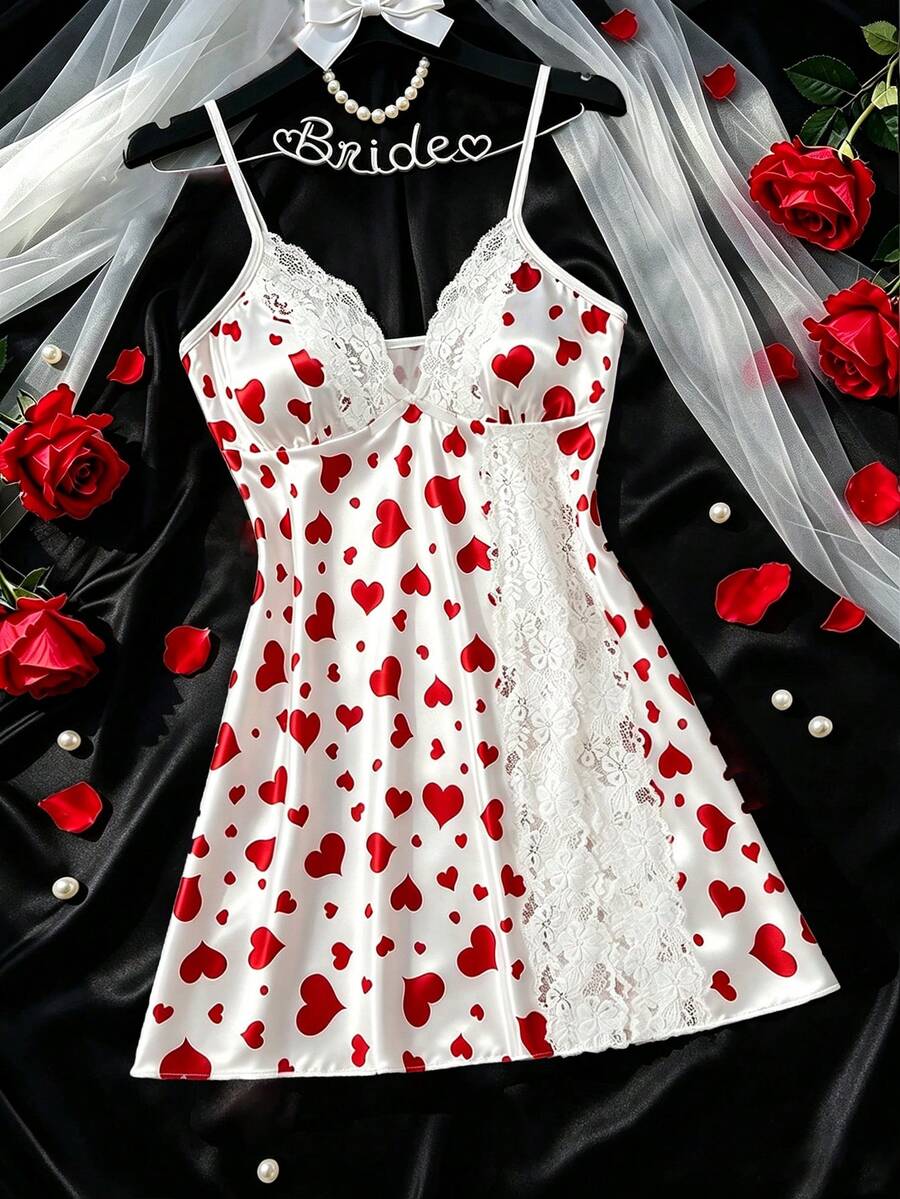 Sexy Women's Nightgown, Adjustable Straps, Lace Patchwork, Deep V-Neck With Bow Decor, Comfortable And Charming Loungewear