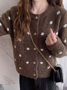 Korean Style Polka Dot Round Neck Knitted Cardigan Women Autumn/Winter Loose Versatile Soft Cozy Slouchy Sweater Jacket Fall - Brown - View 6