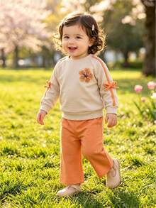 2pcs Baby Girl Cute Casual Printed Raglan Long Sleeve Bow Sweatshirt + Straight Leg Pants Set, Thin Spring/Autumn Outdoor Sports - Apricot - View 2