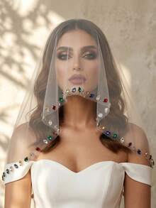 1pc Short Bridal Veil With Artificial Rhinestone Embellishment, For Wedding Veil, Bachelorette Party And Wedding Photography Headpiece - White - View 2