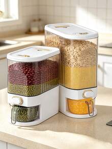 1/4Pcs 2.5L/5L/10L Optional Press‑Type Grain Dispenser, Moisture‑Proof Multi‑Grid Sealed Storage Jar with Transparent Window, Household Pantry Organizer for Rice Beans Millet Dry Groceries - Ver 1