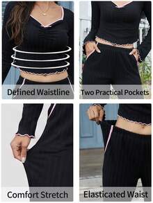 Women's Spring/Autumn/Winter Solid Color Ribbed Fashion Ruffle Trim Sweet Bow Sweetheart Collar Raglan Long Sleeve Casual Dual Pocket Pants Comfortable Loungewear 2-Piece Set - Black - View 11