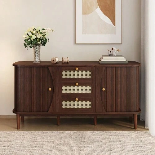 خزانة جانبية، خزانة أدراج من الخيزران، خزانة أدراج بأبواب منزلقة، أرفف قابلة للتعديل وقمة مستديرة. - طبيعي + خشب مضغوط - مشاهدة 1