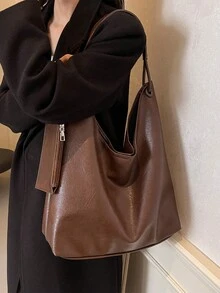 新款秋冬咖啡色复古哑光面料女士单肩包，现代柔软通勤包，简约风格可调节肩带手提包，带零钱包设计 - 棕色 - 查看 3