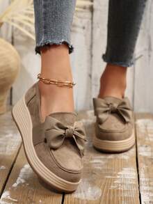 Women's New Bow Velvet Thick Sole Comfortable Height-Increasing Wedge Shoes Beach Home - Khaki - View 1