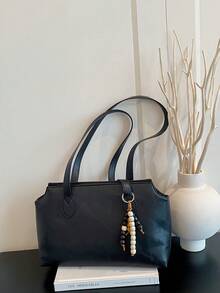 1pc Black Bag Charm Decor Large Capacity Solid Color PU Tote Bag Women's Shoulder Bag - Black - View 3