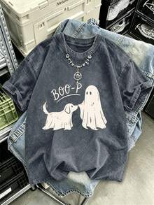 女款大尺碼「Boo-P」幽靈狗舒適水洗 T 恤，趣味萬聖節狗媽媽上衣，灰色上衣 - 鐵灰色 - 查看 7