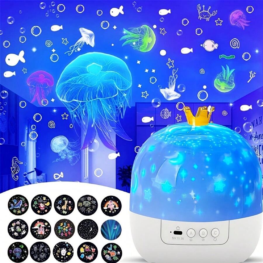 小夜燈 星空投影夜燈 360°旋轉LED燈 房間裝飾燈 15組幻燈片 USB供電 生日禮物
